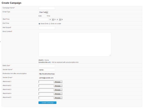 This page is used to create an email campaign.