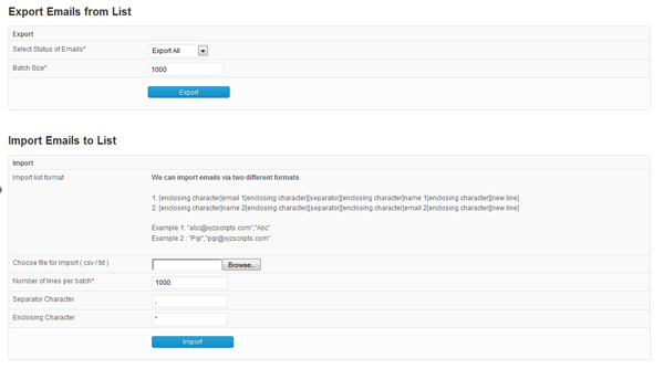 This page is used to export and import email addresses.