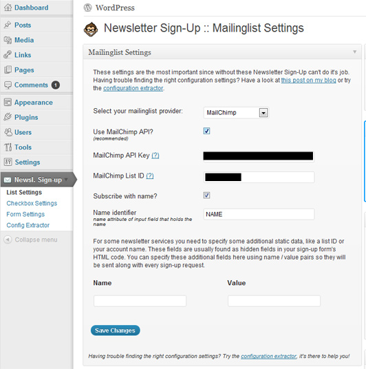 The mailinglist configuration page of Newsletter Sign-Up in the WordPress admin panel.