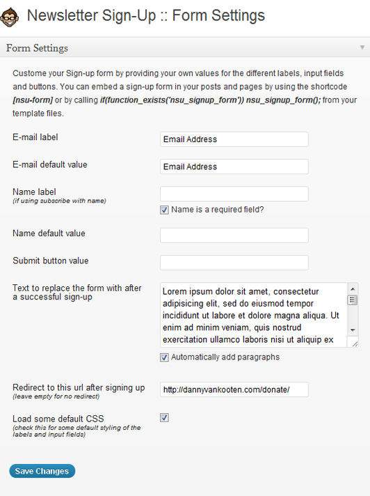 The form configuration page in the WP Admin panel.