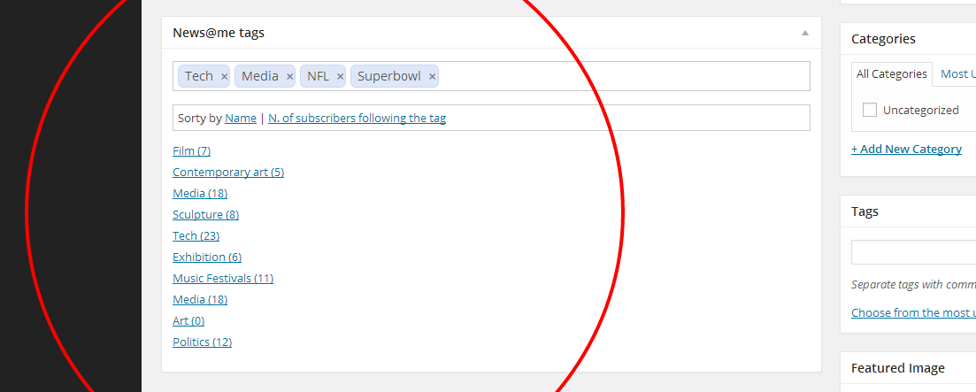 News@me meta-box detail. Add your News@me tags for each of the topic related to the post you're about to publish.