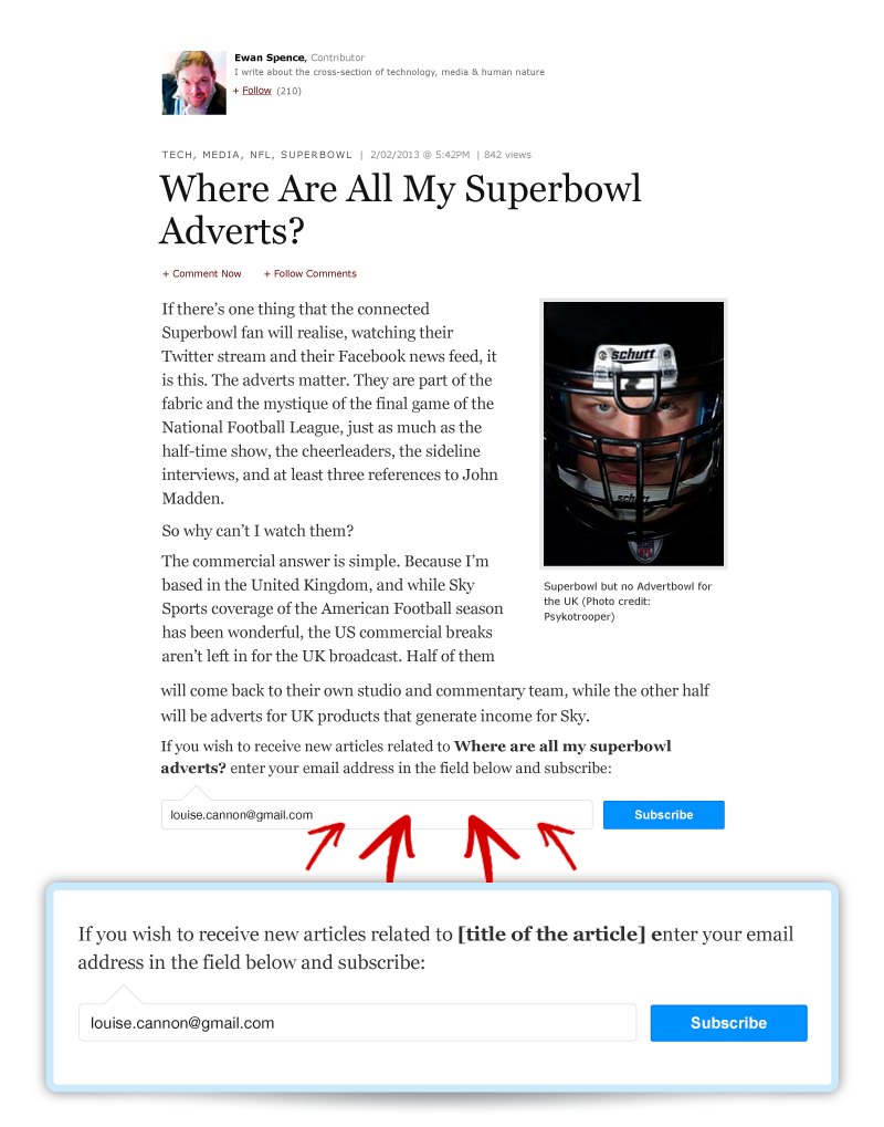 A unique email signup form at the end of each article with the title of your post. Catch the attention of your readers with our content-aware invitation when they're feeling great about your work and convert this attention into a subscription. This allows you to create a unique bond between your readers and your editorial activity based on something valuable: their interests, passions and curiosities.