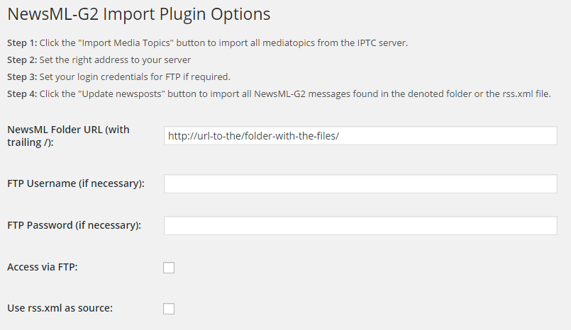 The first portion of the settings page, showing the configuration for accessing the files.