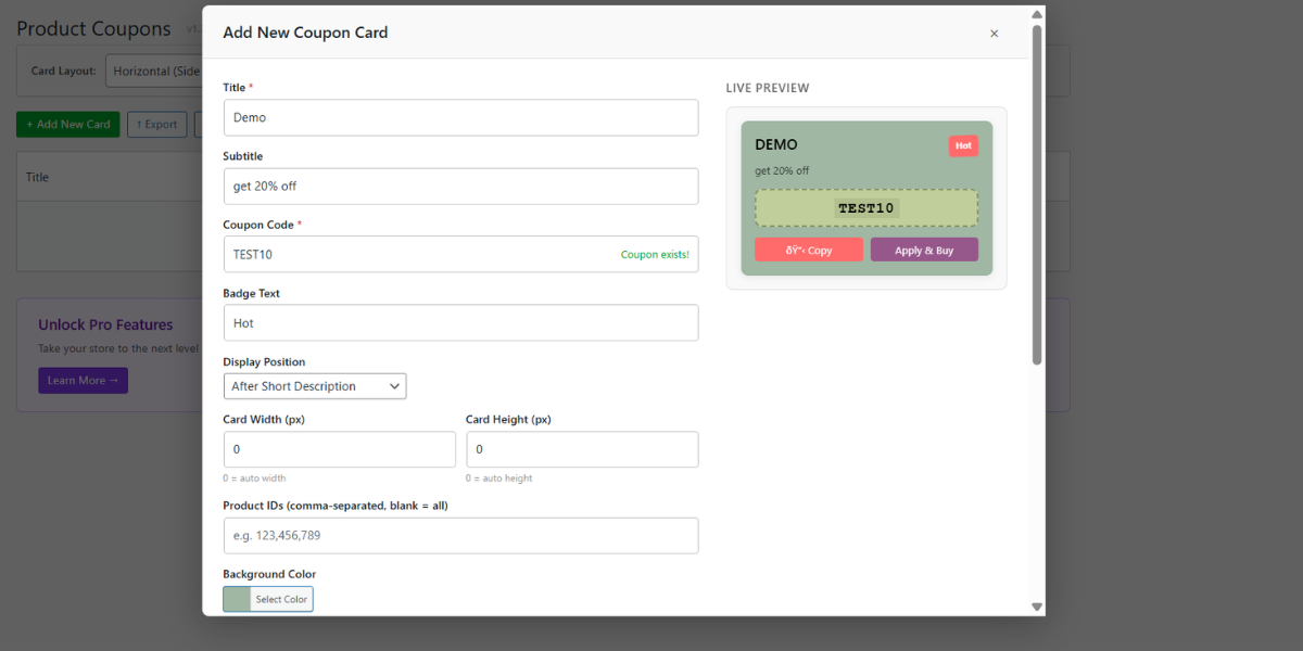 Card editor modal with live preview