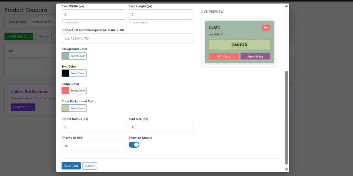 Frontend coupon card on product page