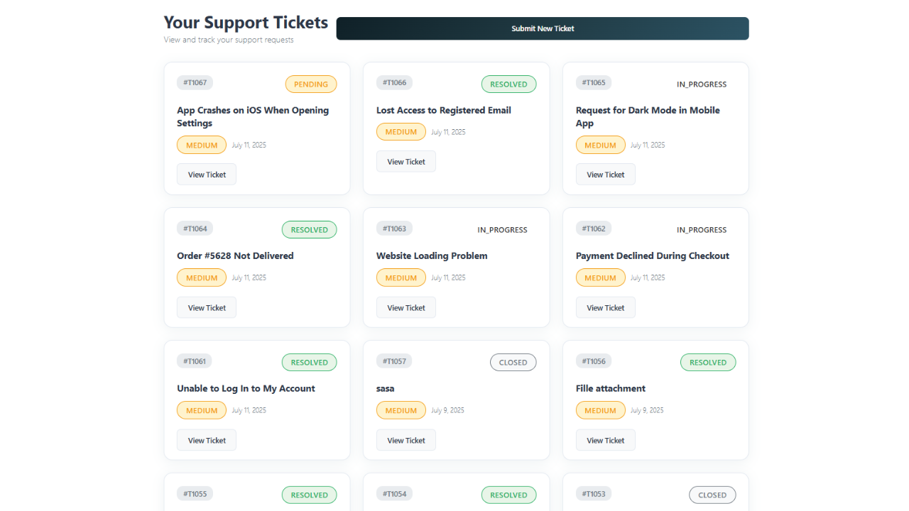 **Frontend Ticket Conversation**: Detailed ticket view with threaded conversation, attachments, and reply functionality.