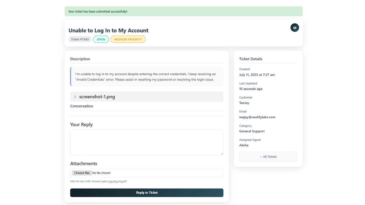 **Admin Dashboard**: Comprehensive ticket management interface with real-time statistics, filtering, and bulk actions.