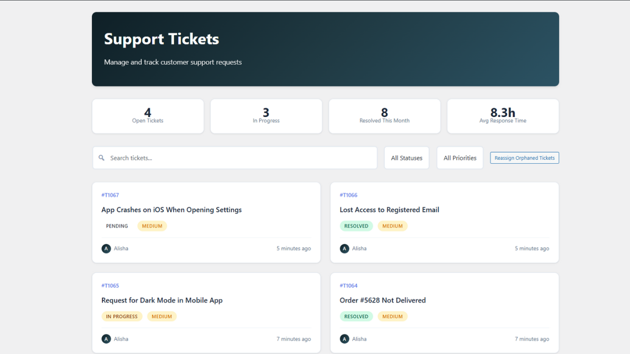 **Admin Ticket Details**: Professional single-ticket view with sidebar controls, internal notes, and conversation history.