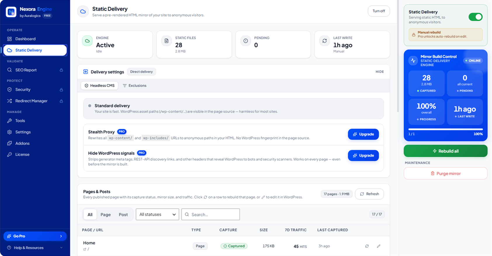Static Delivery: the core engine, showing per-page capture status, delivery mode, and the Mirror Build Control panel with live build progress.