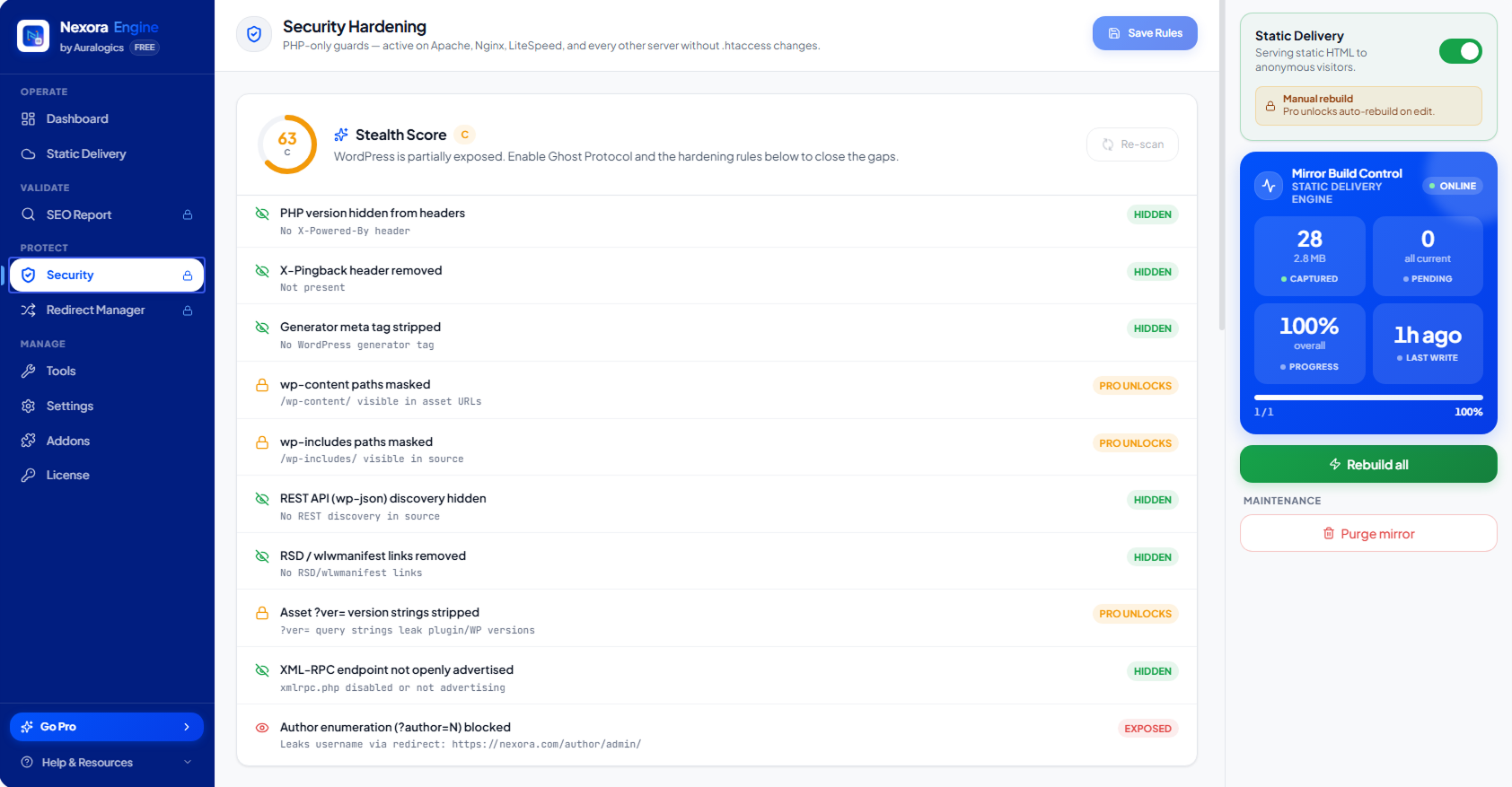 Security: the Stealth Score breakdown showing exactly which WordPress fingerprints are hidden, plus the free hardening guards.
