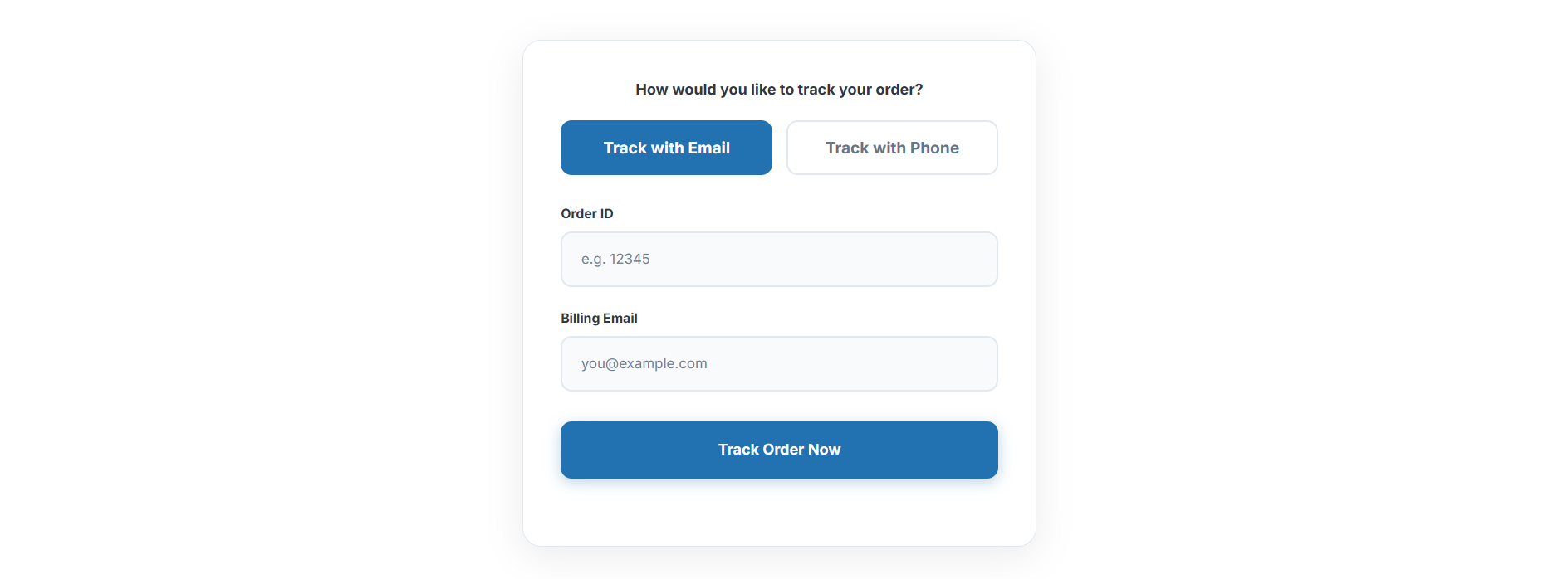 The luxury frontend tracking form (Track with Email).