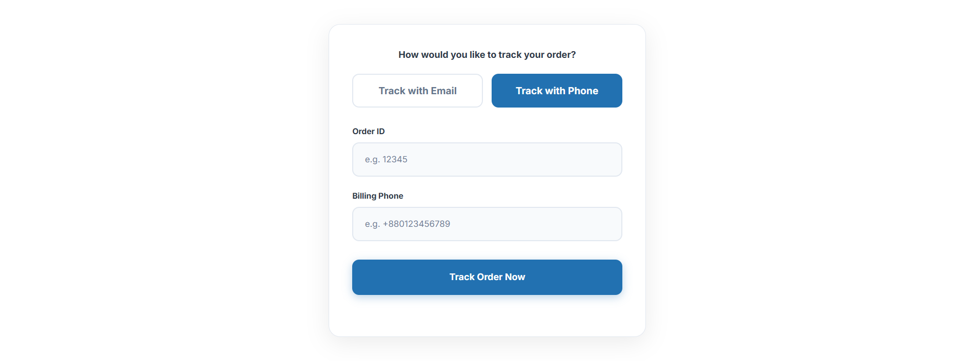 The alternative frontend tracking form (Track with Phone).