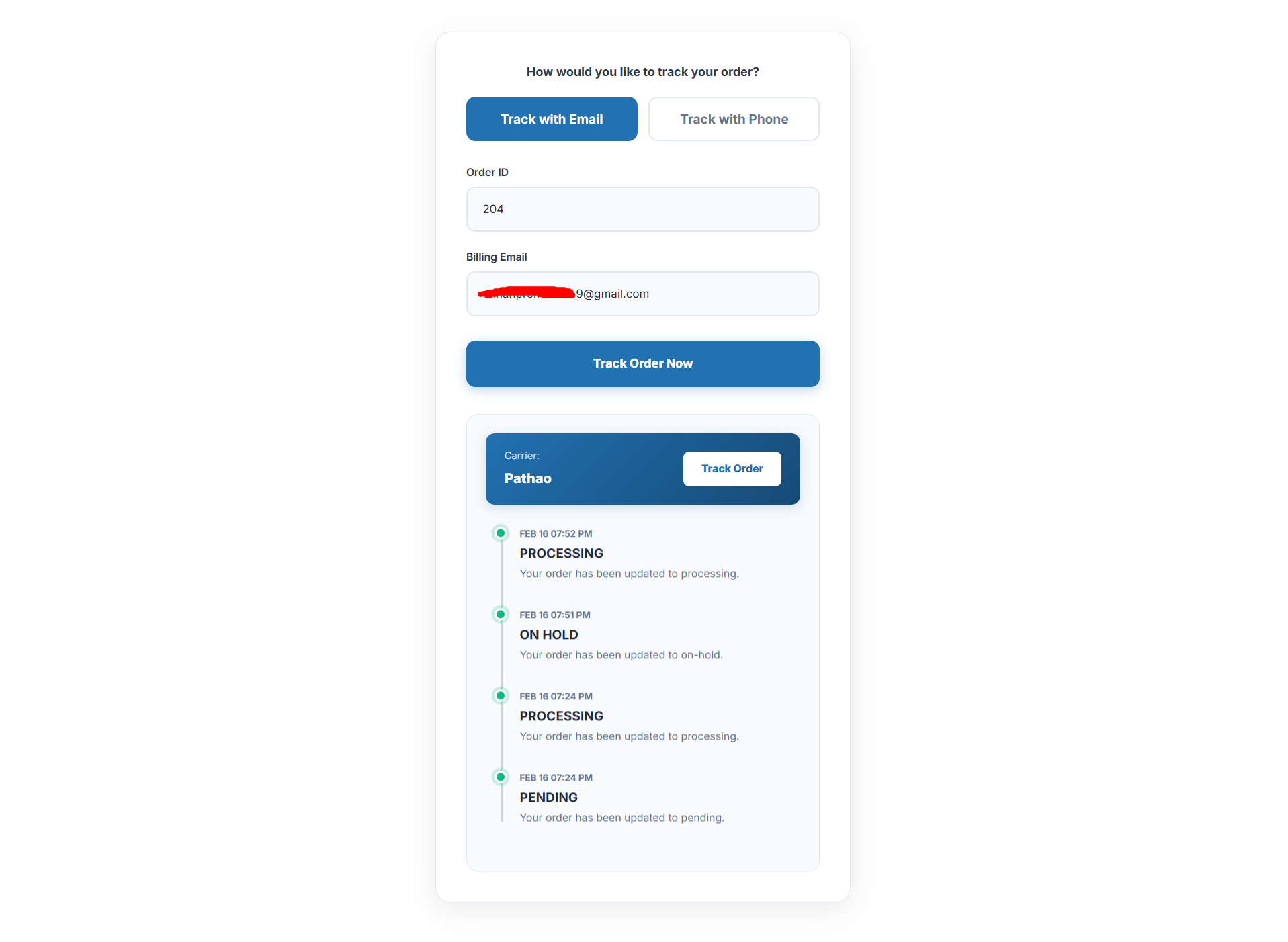 The premium vertical timeline result showing order history and courier details.