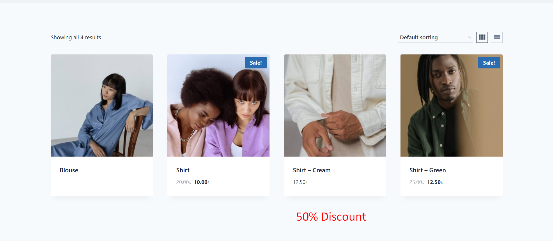 Frontend View - Shows discounted prices with correct strikethrough formatting on the shop page.