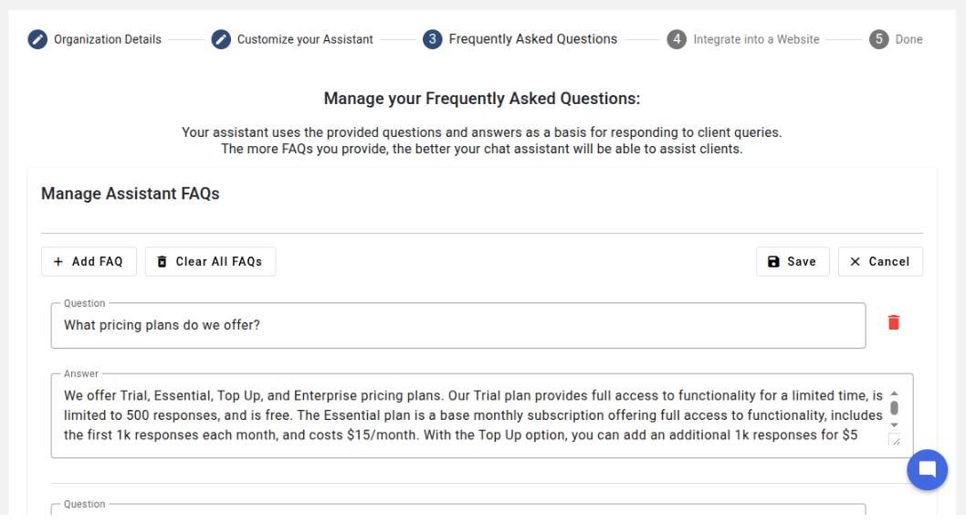 Frequently Asked Questions setup.