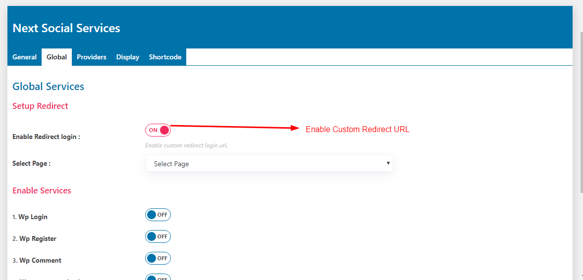 Set Custom Redirect URL - Select Page or Custom URL