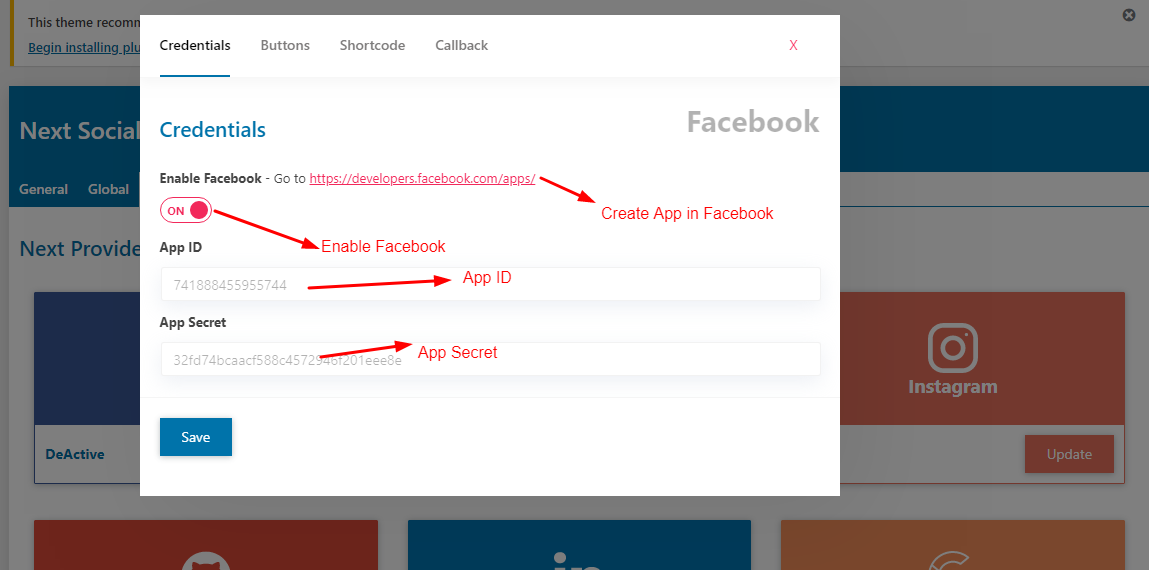 Set Provider - Enable Provider and Set App ID & App Secret