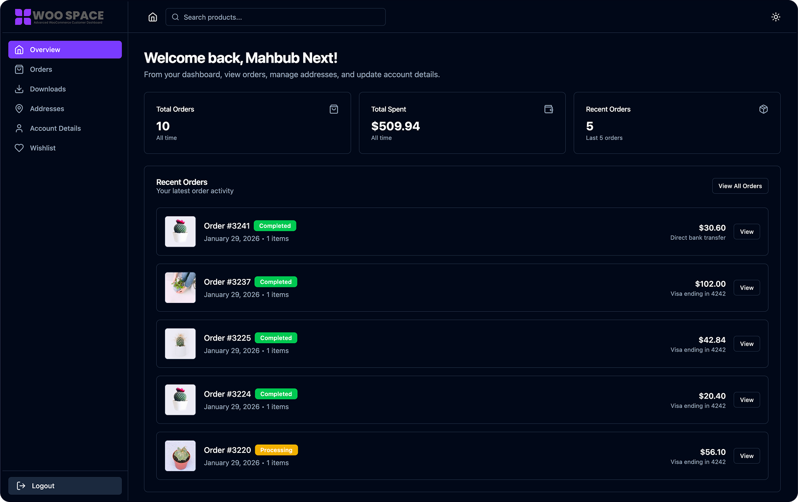 Order History – Clean, easy-to-scan order list with status badges