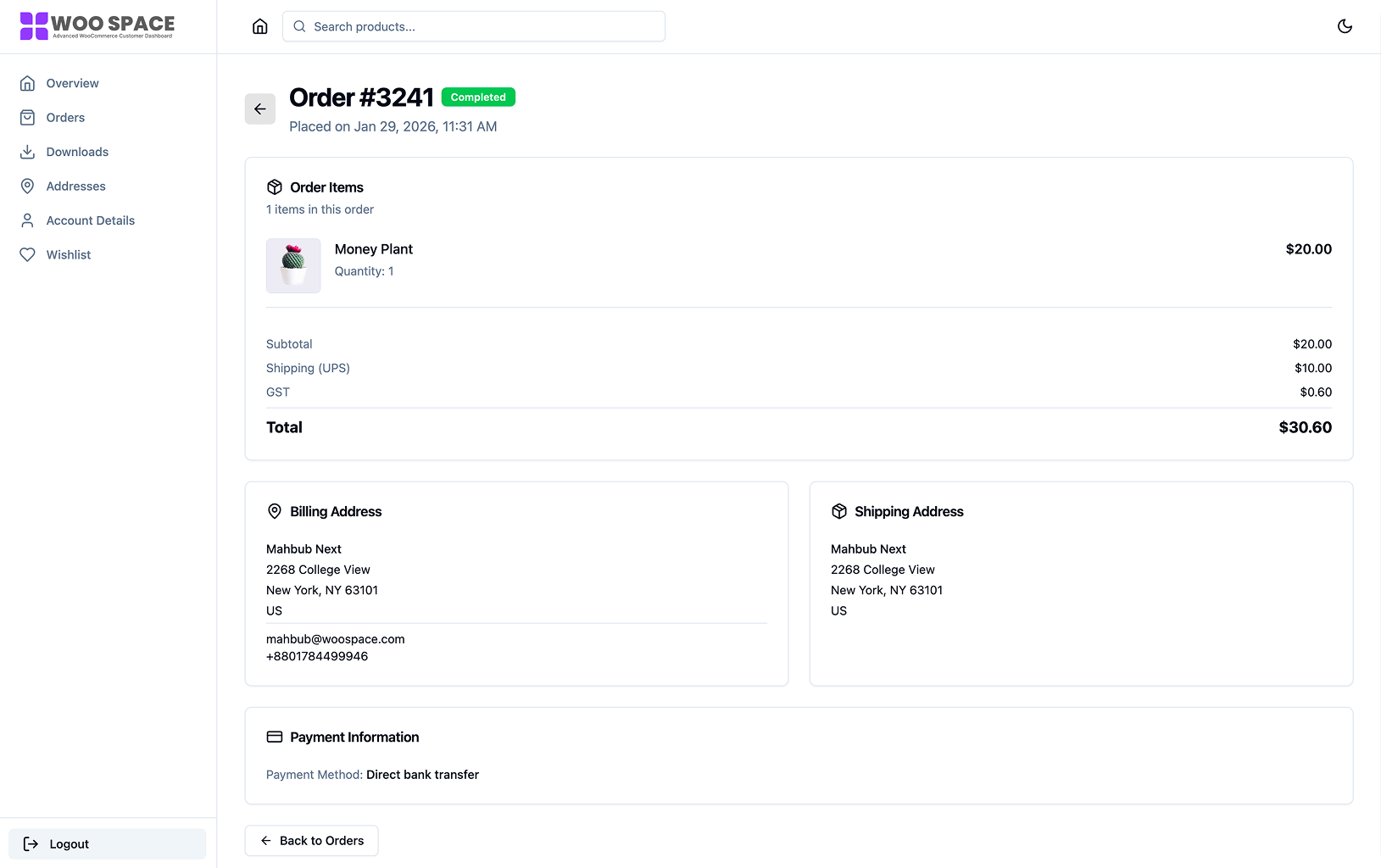 Order Details – Full order information with items and addresses
