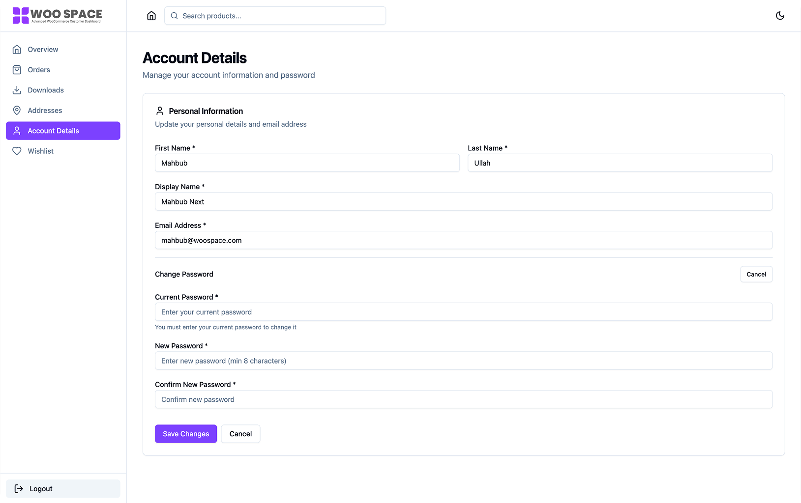 Account Settings – Update personal details and password