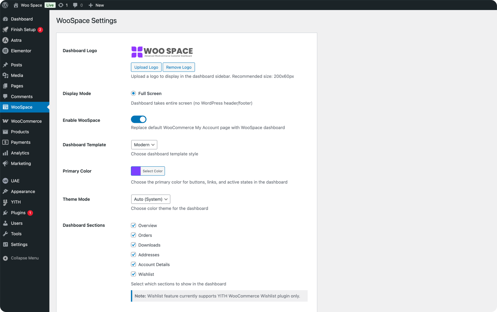 Admin Settings – NextDash configuration panel