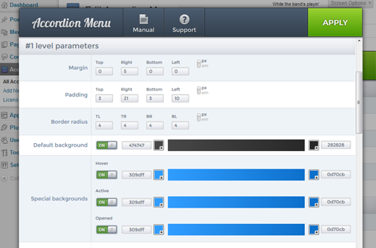 Screenshot from the theme management, set everything without CSS coding.
