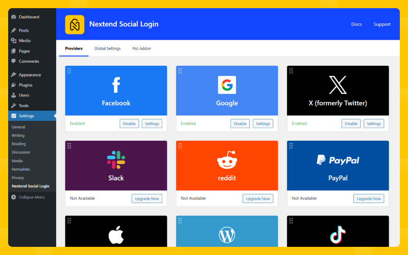 The Providers page with the available providers and their states.