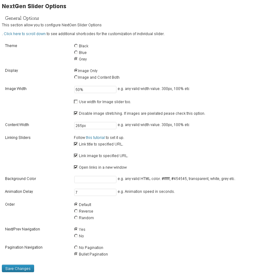 Slider Settings in Administration Panel