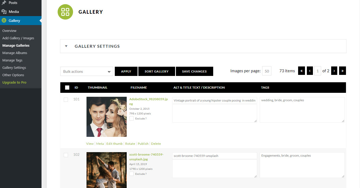 Manage Gallery Page