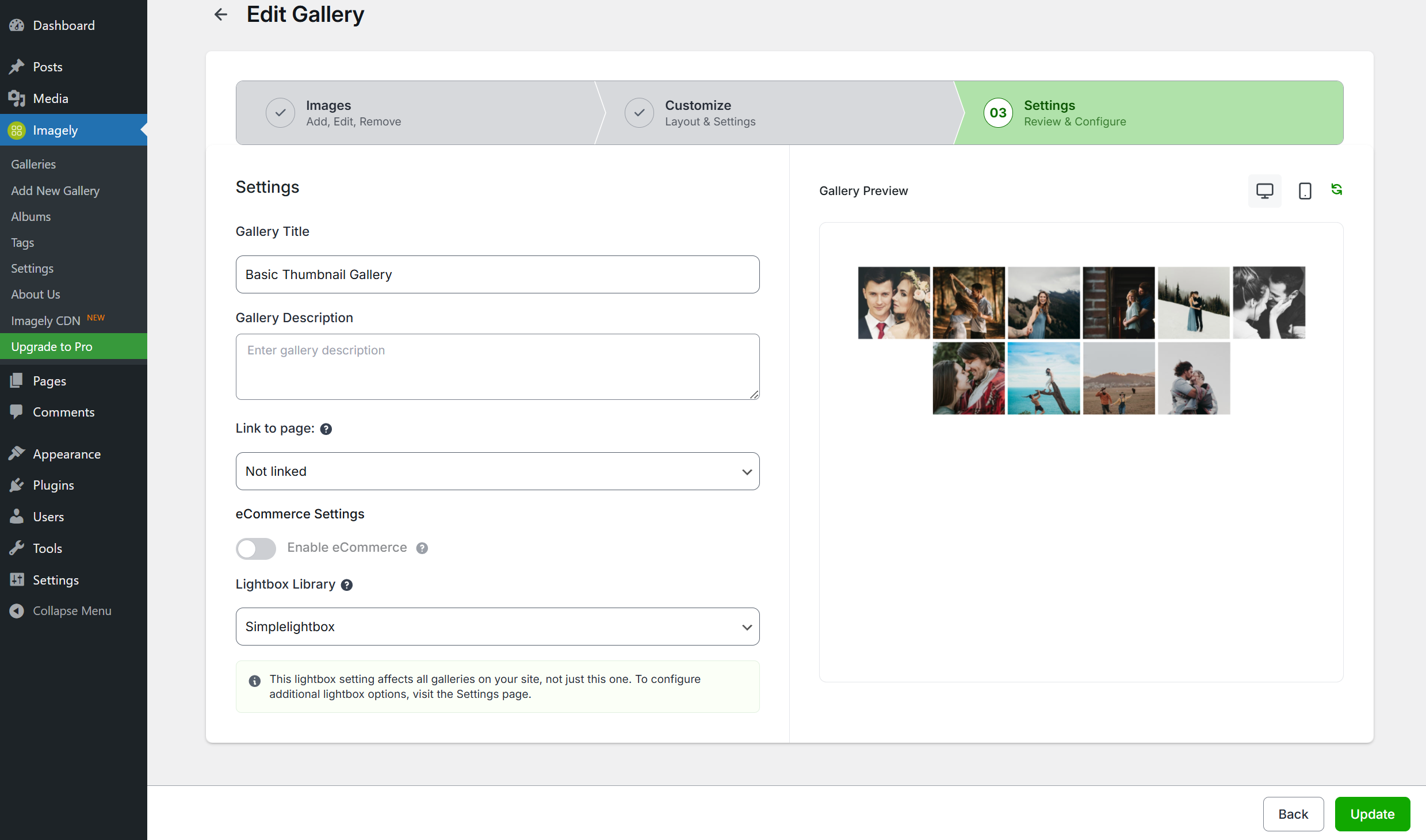 Gallery Settings Page