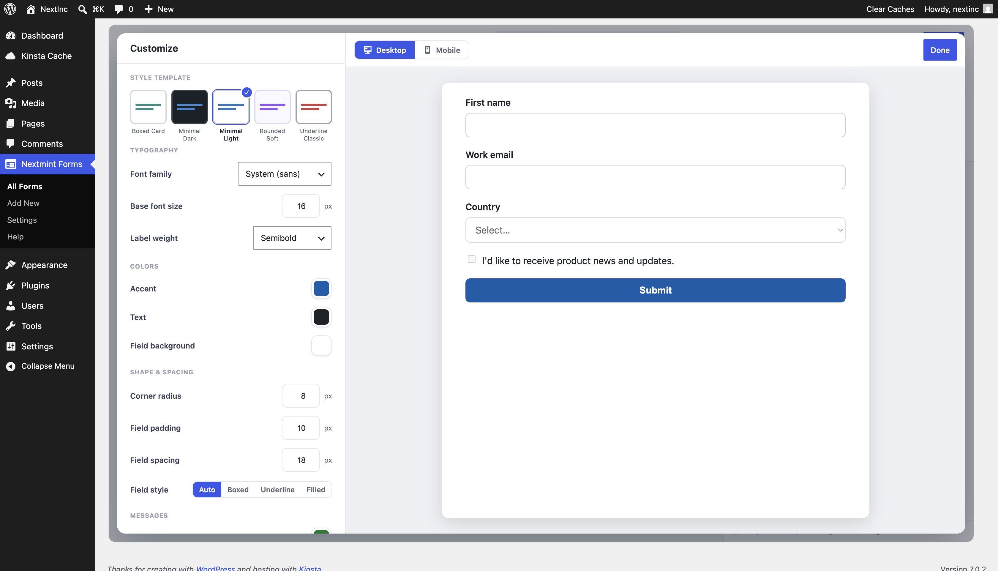 The Customize panel: style presets, fonts, colors, and spacing with a mobile and desktop preview.