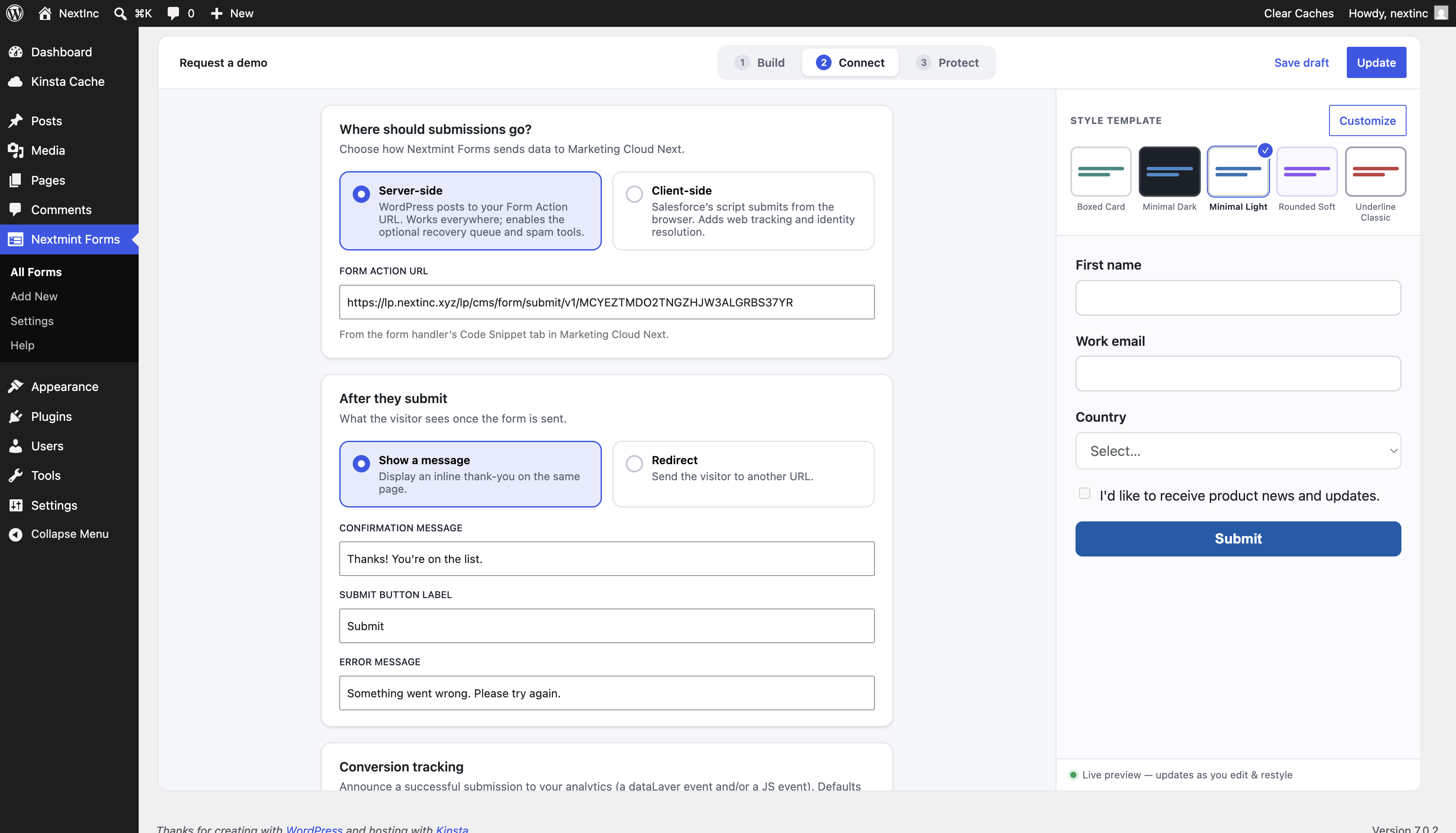 The Connect tab: choose Server-side or Client-side and set the confirmation.