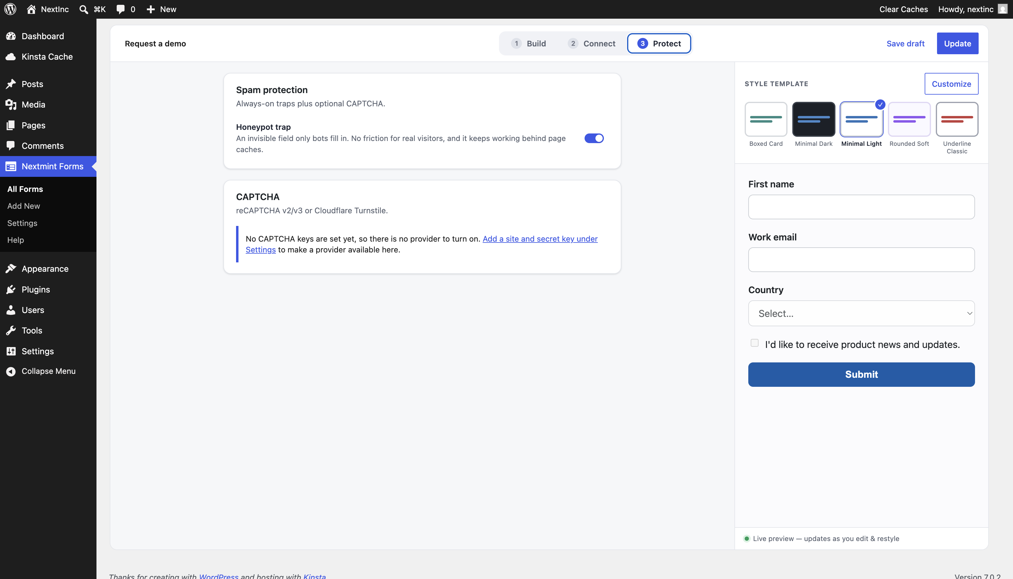 The Protect tab: honeypot and CAPTCHA.