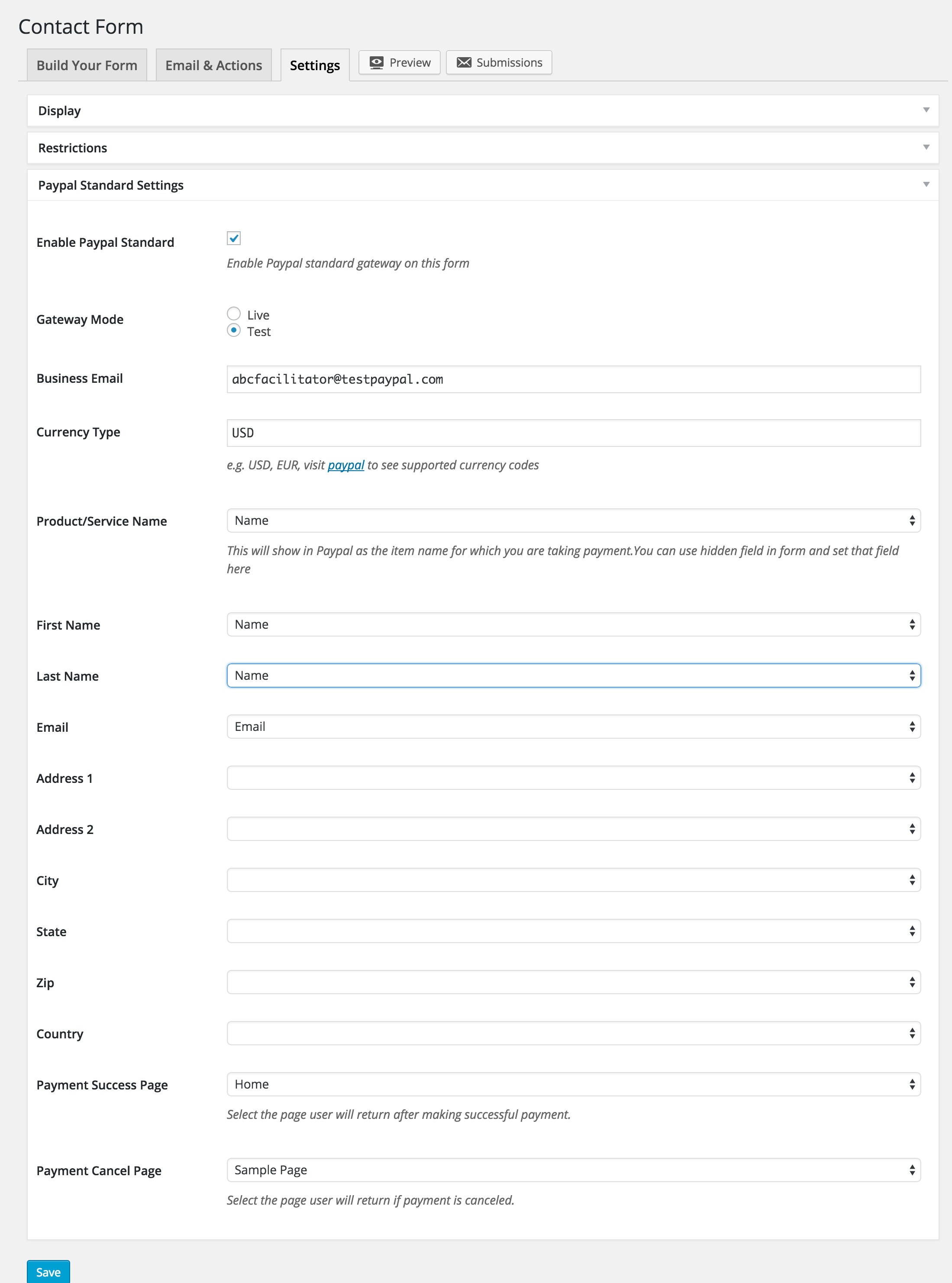 Paypal Standard Settings