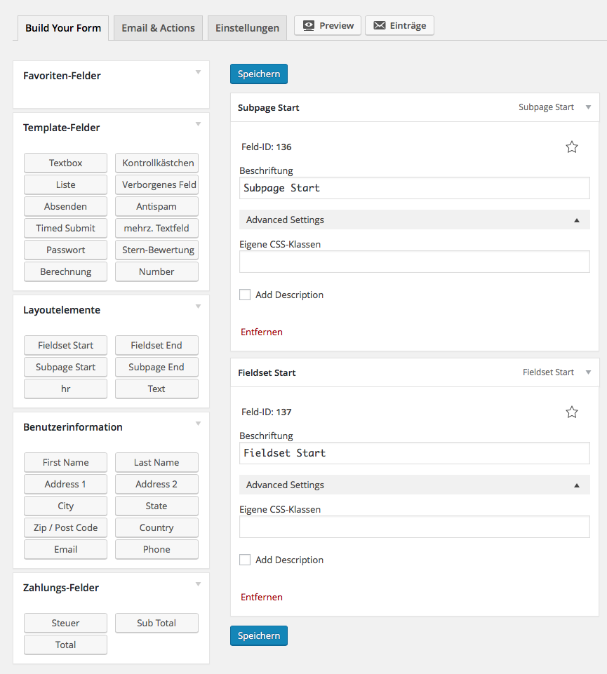 Subpage and fieldset start element with additional options.