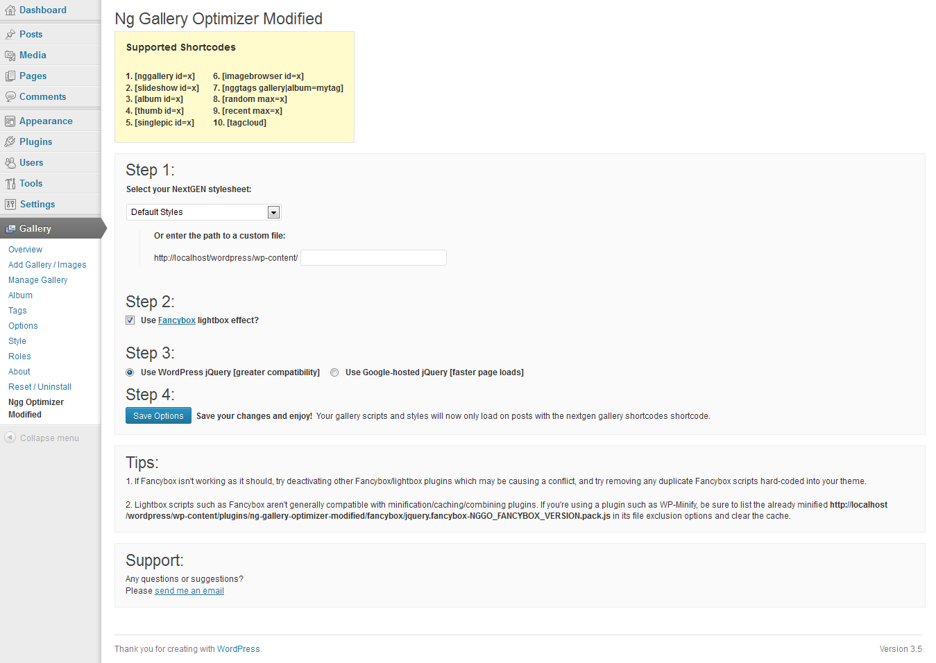 Ng Gallery Optimizer Modified settings page.