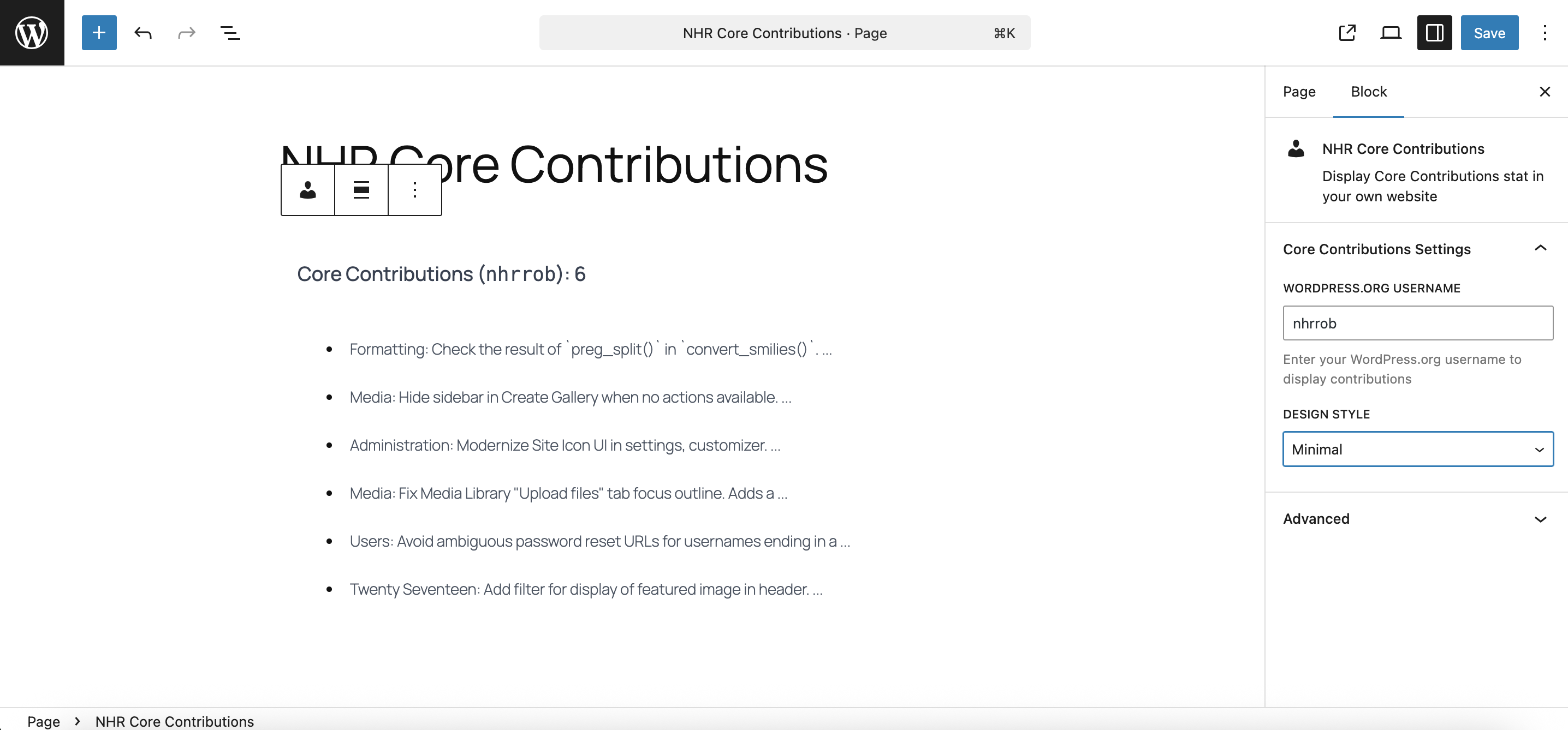 NHR Core Contributions block with minimal preset