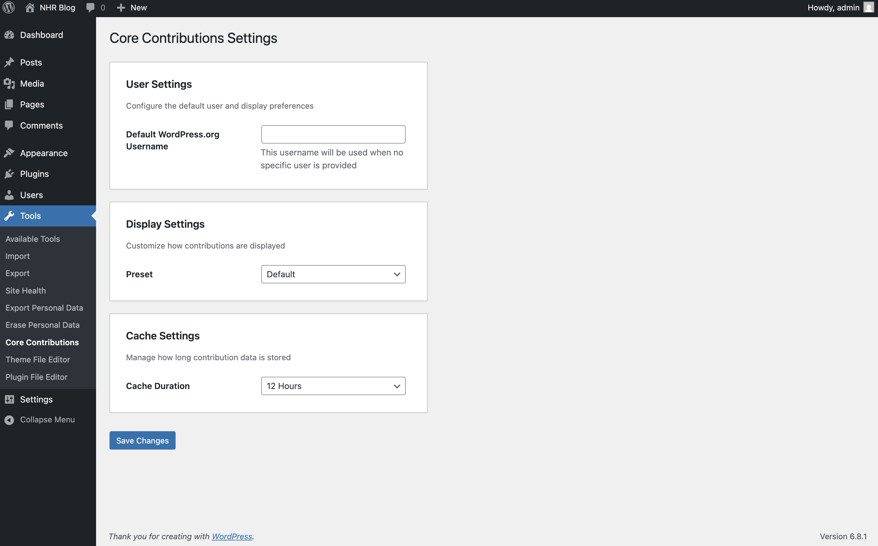 Dashboard => Tools => Core Contributions page => Settings page