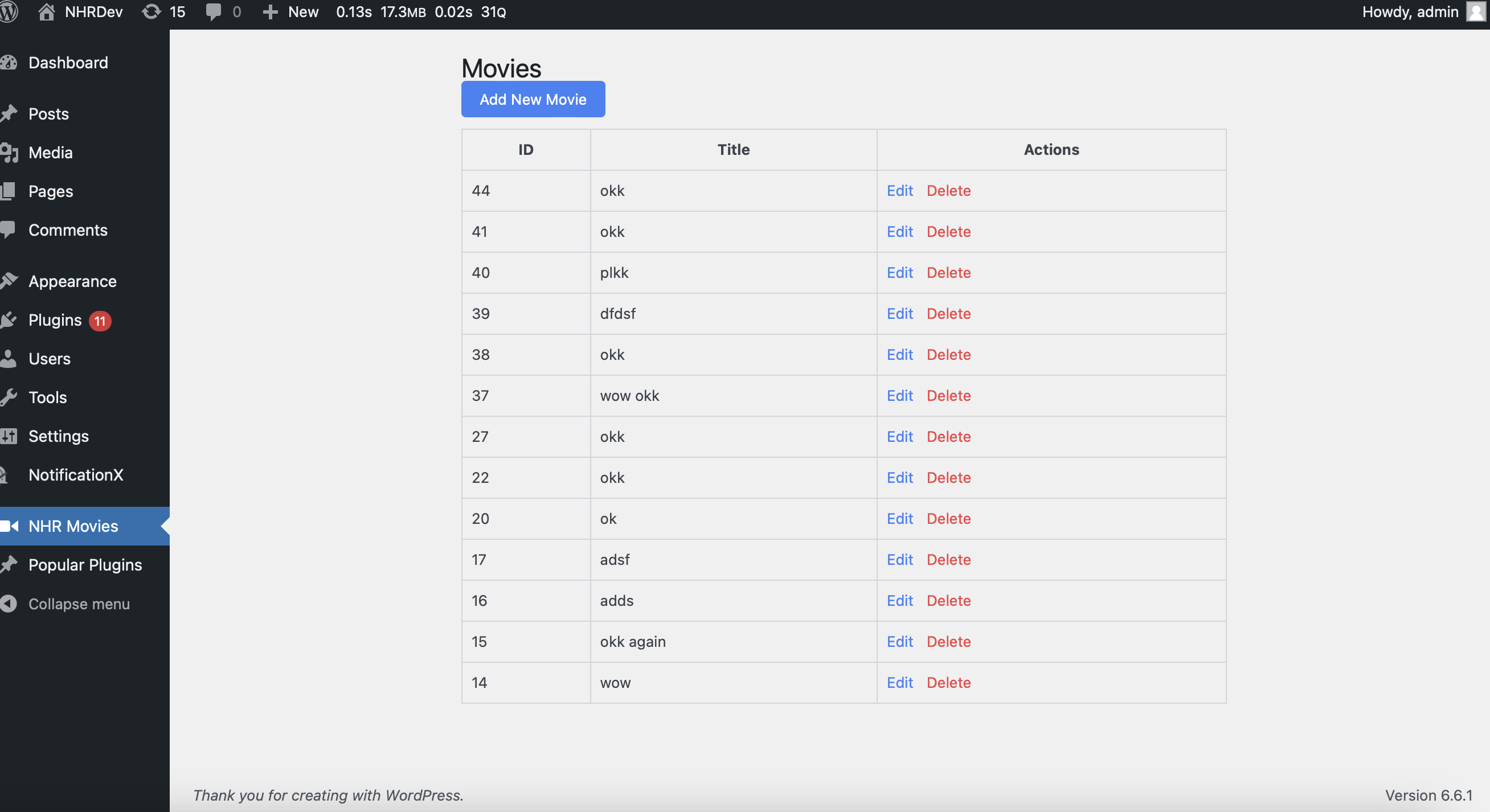 Dashboard => NHR Movies menu location