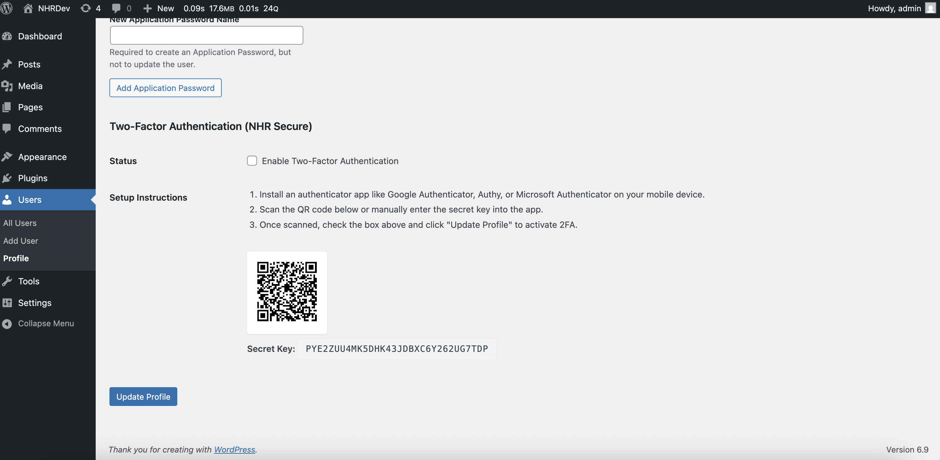 2FA setup in user profile.