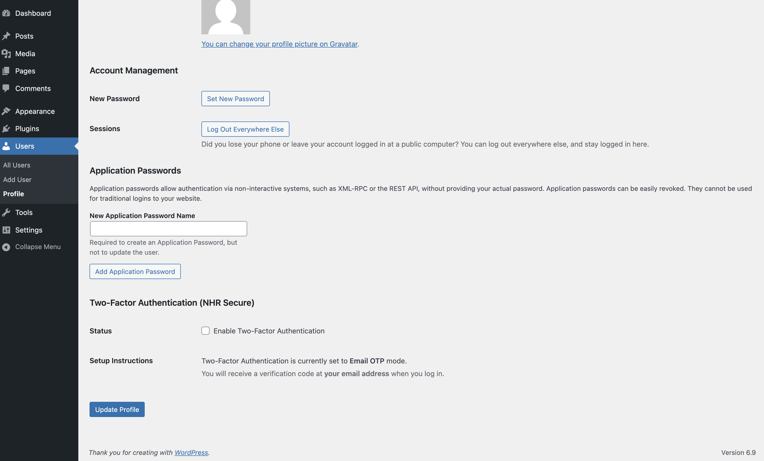 2FA setup in user profile - Email OTP.