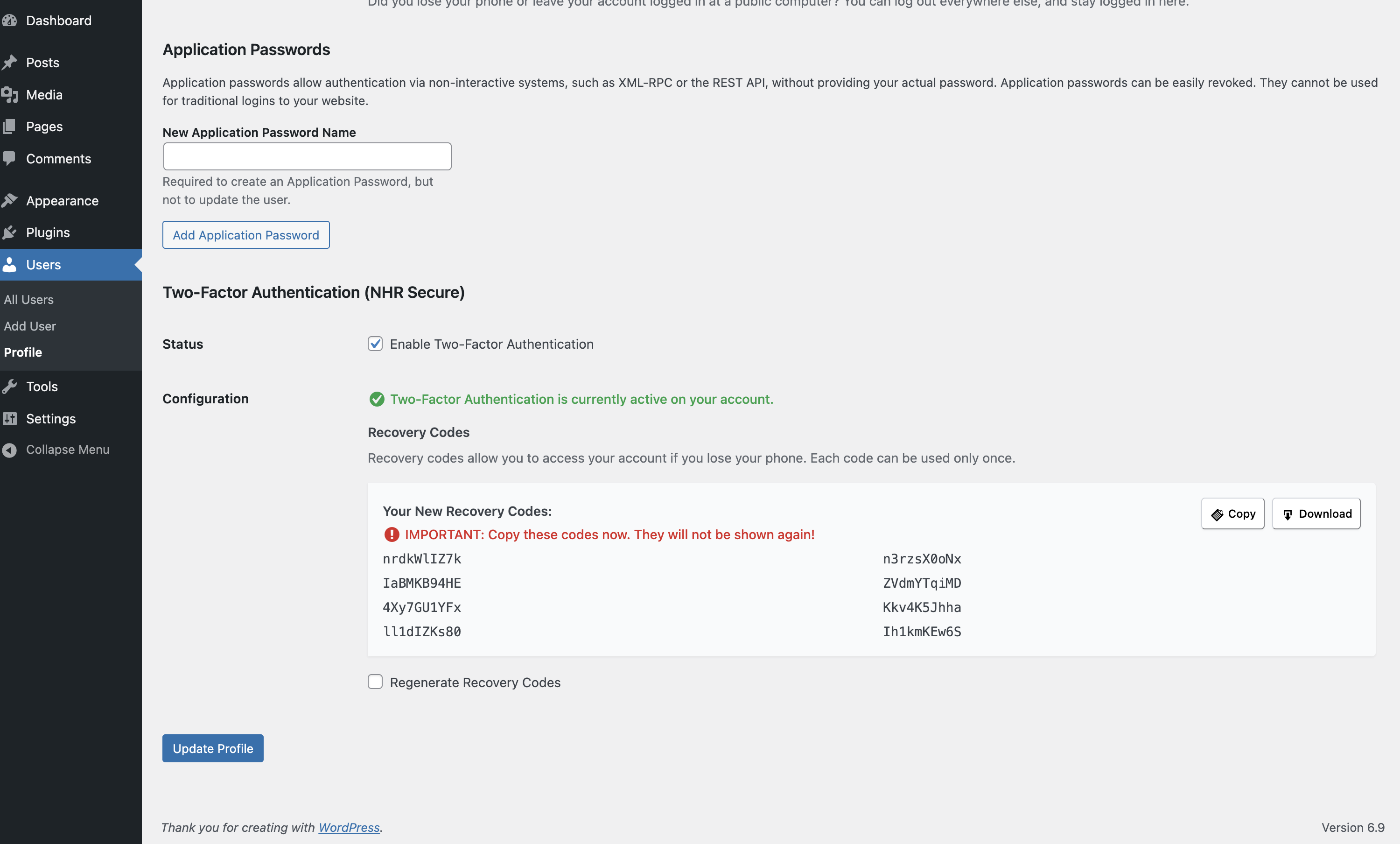 2FA setup in user profile - Recovery codes.