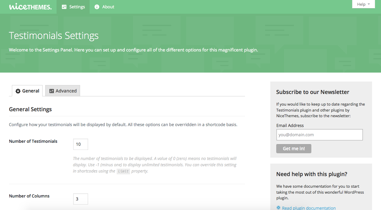 Nice Testimonials Settings page.