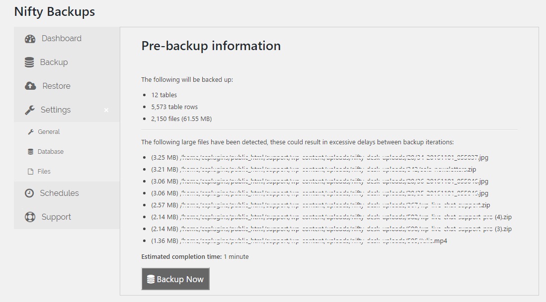 Nifty Backup Plugin - Backup page (pre-backup information)