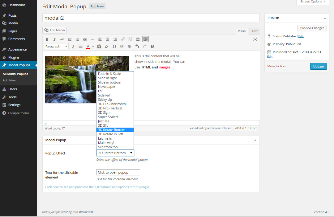 Admin options page