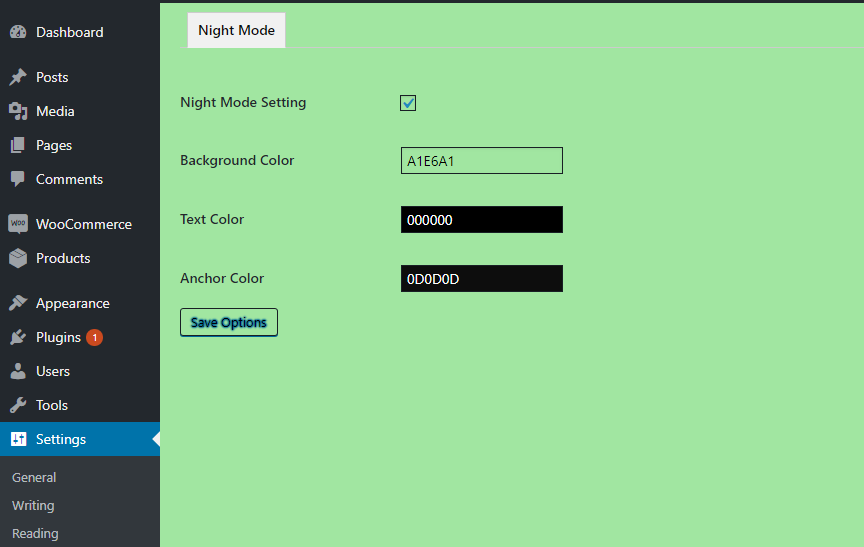 WordPress Dashboard with Night Mode Plugin.