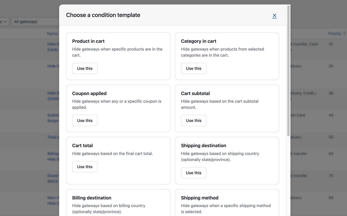 Condition template picker — choose from 5 free condition types