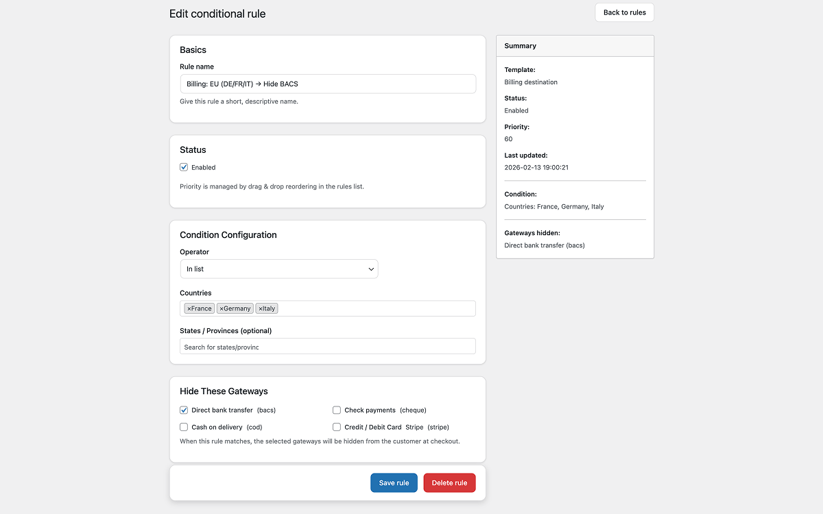 Rule editor with live sidebar preview