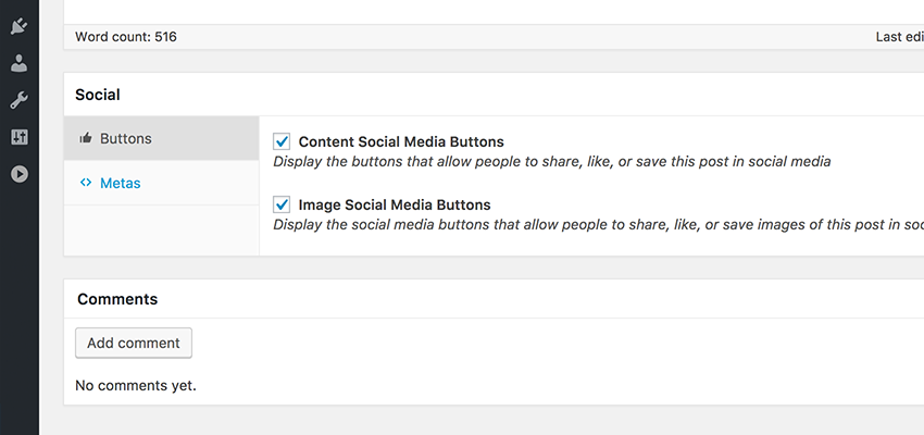 The plugin custom meta box to enable or disable social buttons on the content and images.