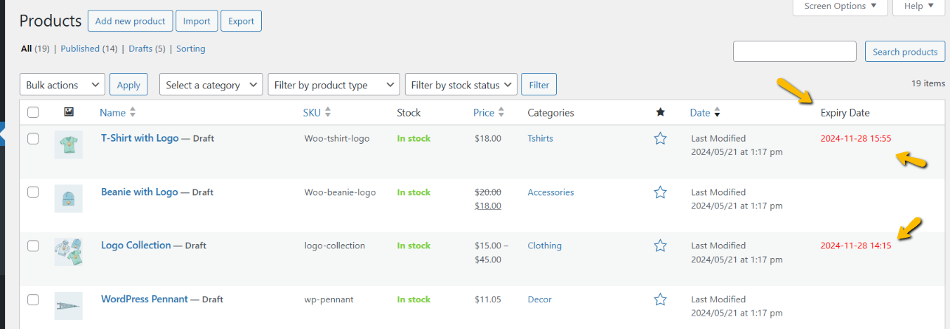 Expiry date display in grid